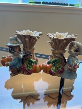 Fitz and Floyd Porcelain Bunny Harvest Candle Holders in Cream, Orange and Blue